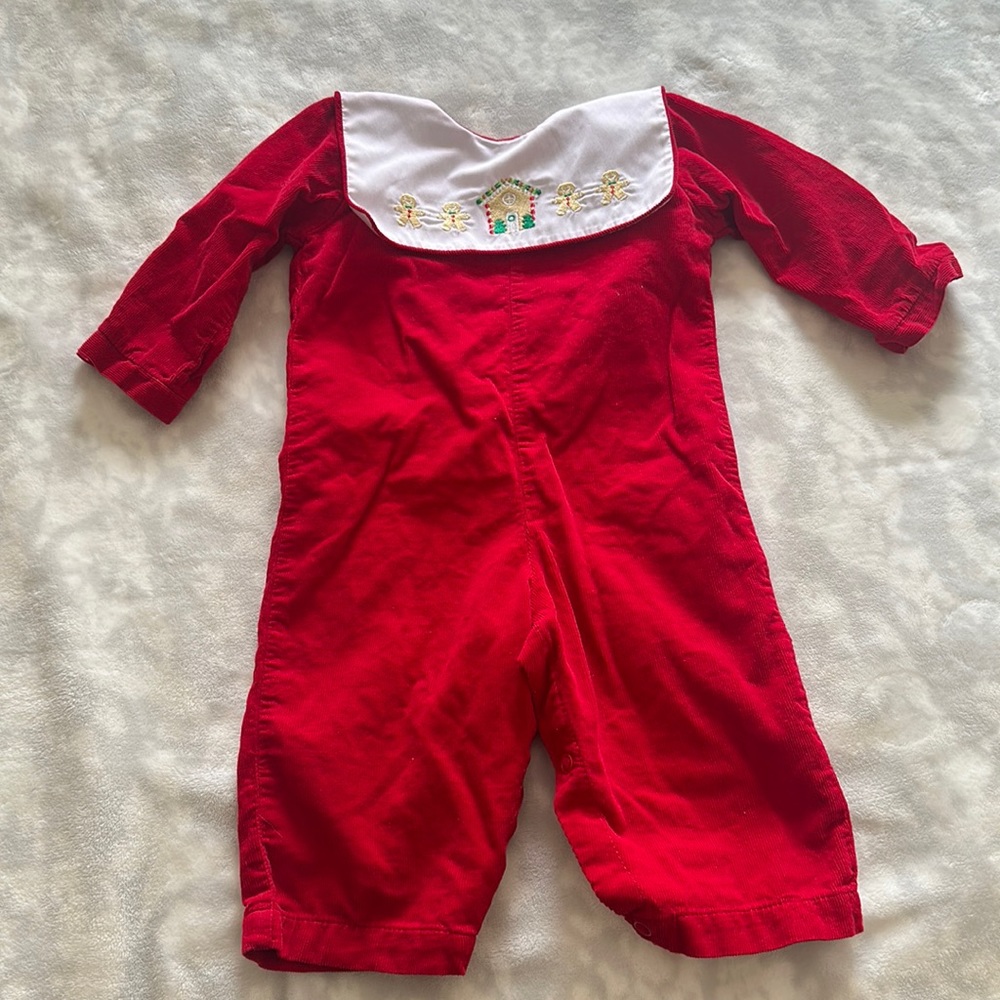 Carriage boutique sz 9 months red corduroy bibbed gingerbread embroidered outfit